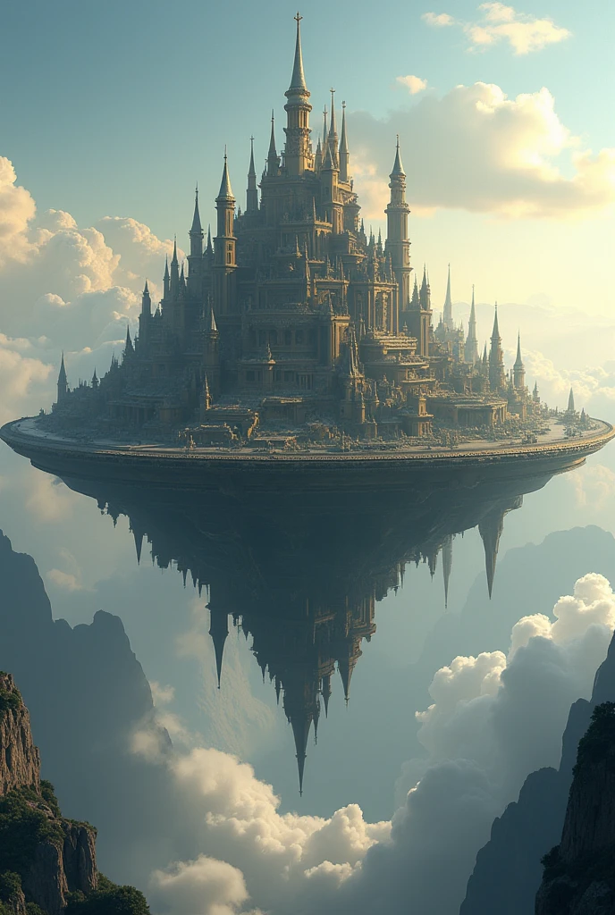 Flying city with black walls and golden outlines