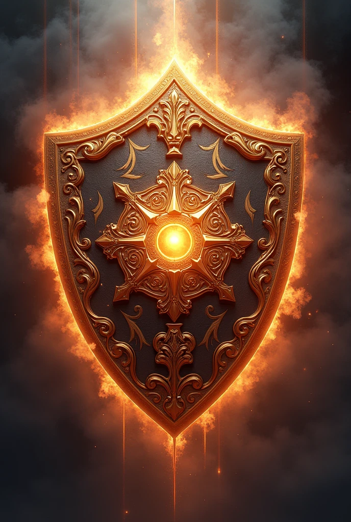 An ornate crest or shield with intricate patterns and symbols, glowing with vibrant energy to signify heroic power and inspiration.