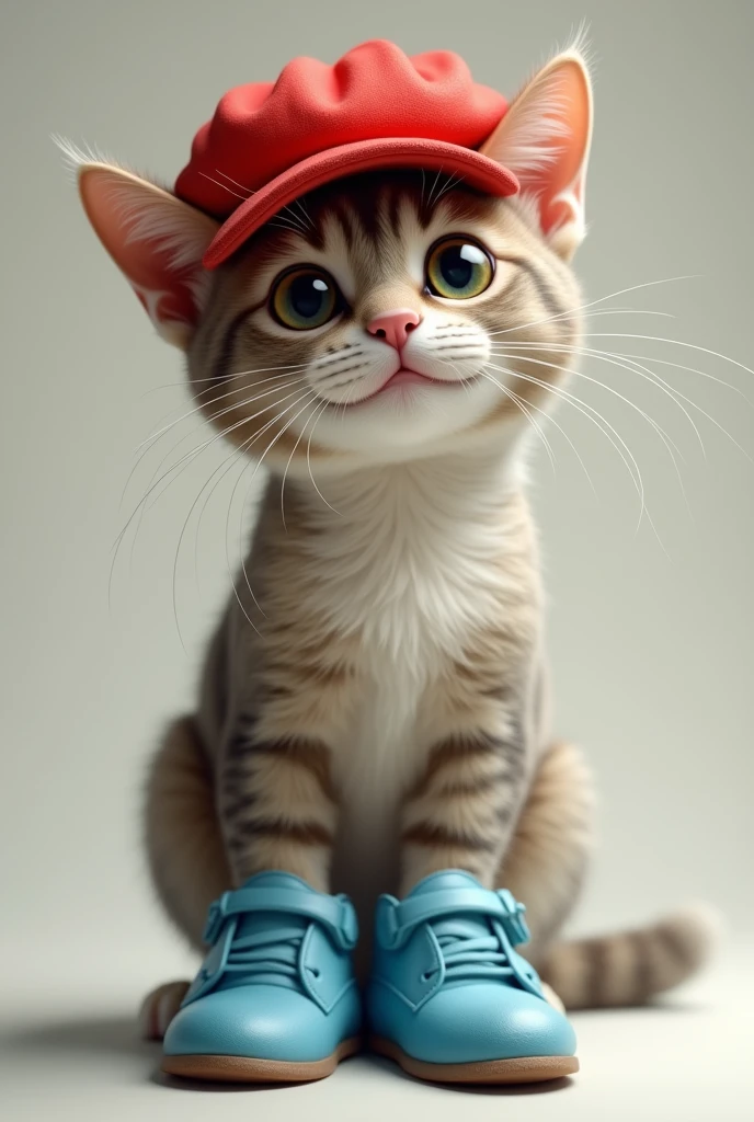 Cat with red cap and blue shoes