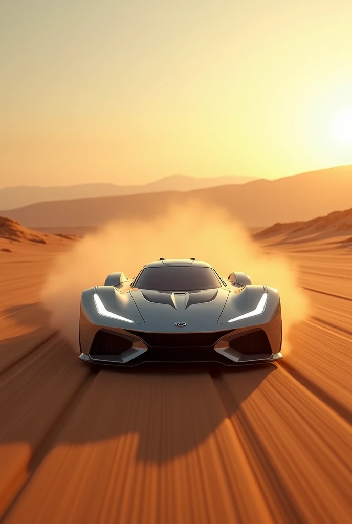 image of a sleek sports car launching at high speed on a vast desert landscape. The car should have a futuristic design with a low profile, sharp angles, and bright headlights. Dust and sand should be kicked up from the tires, trailing behind as the car accelerates. The desert should feature rolling dunes and a clear sky with a golden sunset, casting long shadows and warm light. Capture the motion blur from the rapid movement, photorealistic, cinematic, 4k