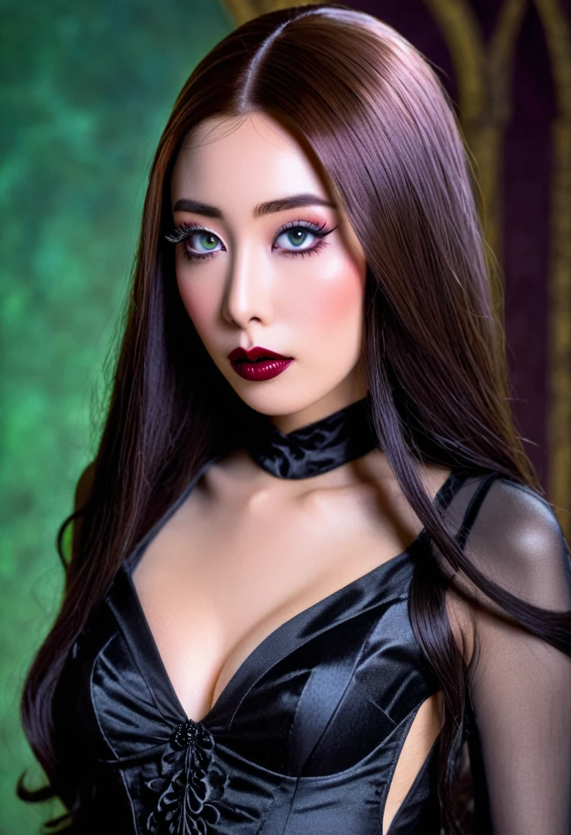 a cute Yuna in cosplay as Morticia Adams, beautiful detailed eyes, beautiful detailed lips, extremely detailed eyes and face, long eyelashes, slinky black dress, deep v down middle, deep thigh slits, sultry pose, holding a black rose, 8k, best quality, high resolution, masterpiece, ultra-detailed, realistic, photorealistic, HDR, studio lighting, extreme detail description, vivid colors, dark gothic, chiaroscuro lighting, moody atmosphere, dramatic lighting