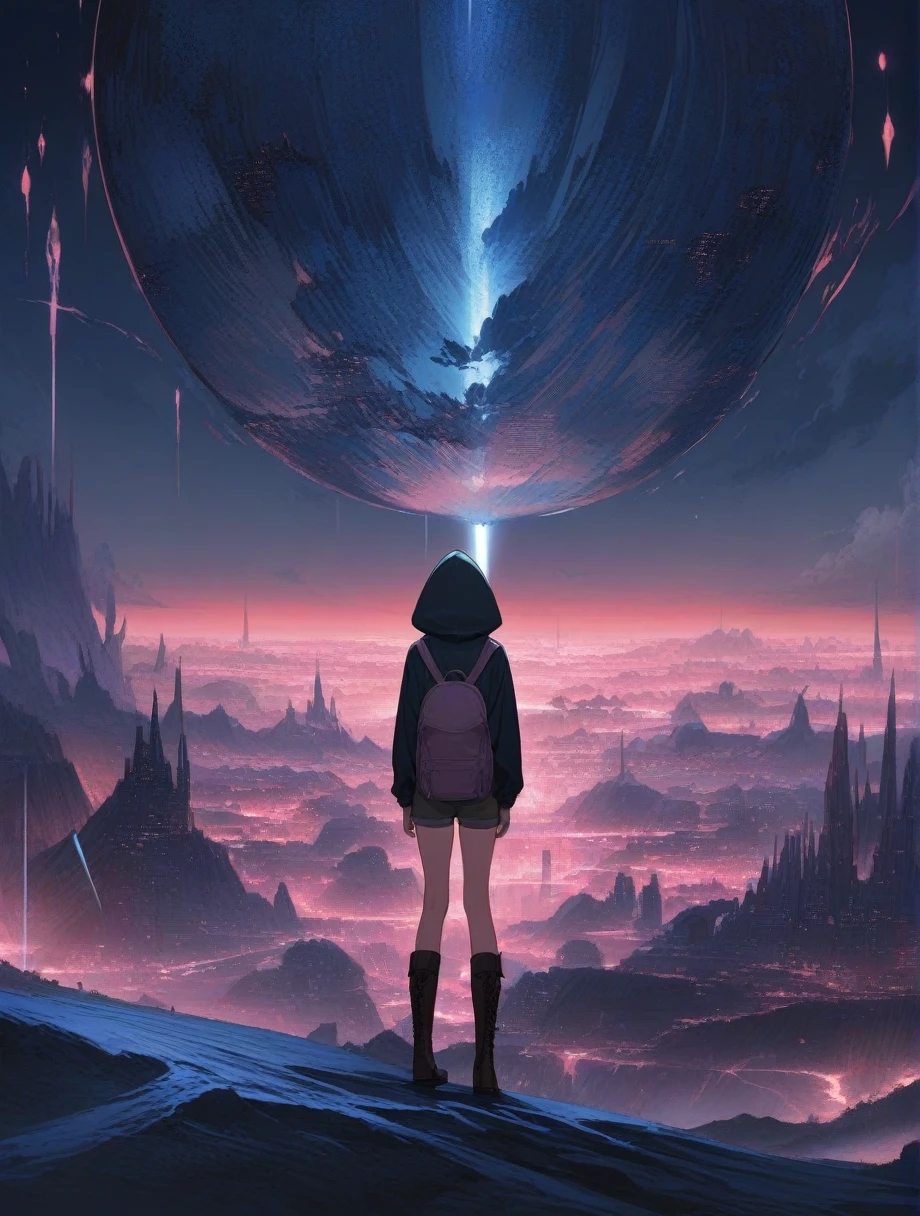 score_9, score_8_up, score_7_up, score_anime, masterpiece, top quality, delicate illustration, sharp lines, sharp focus, BREAK, a traveling girl wandering in the endless night world, the girl wears a hood and has a lot of stuff in her backpack, night , fantastic landscape, beautiful scenery, harmony with nature, spectacular view, futuristic city, (((torn clothes))), (((torn hood))),shorts,boots