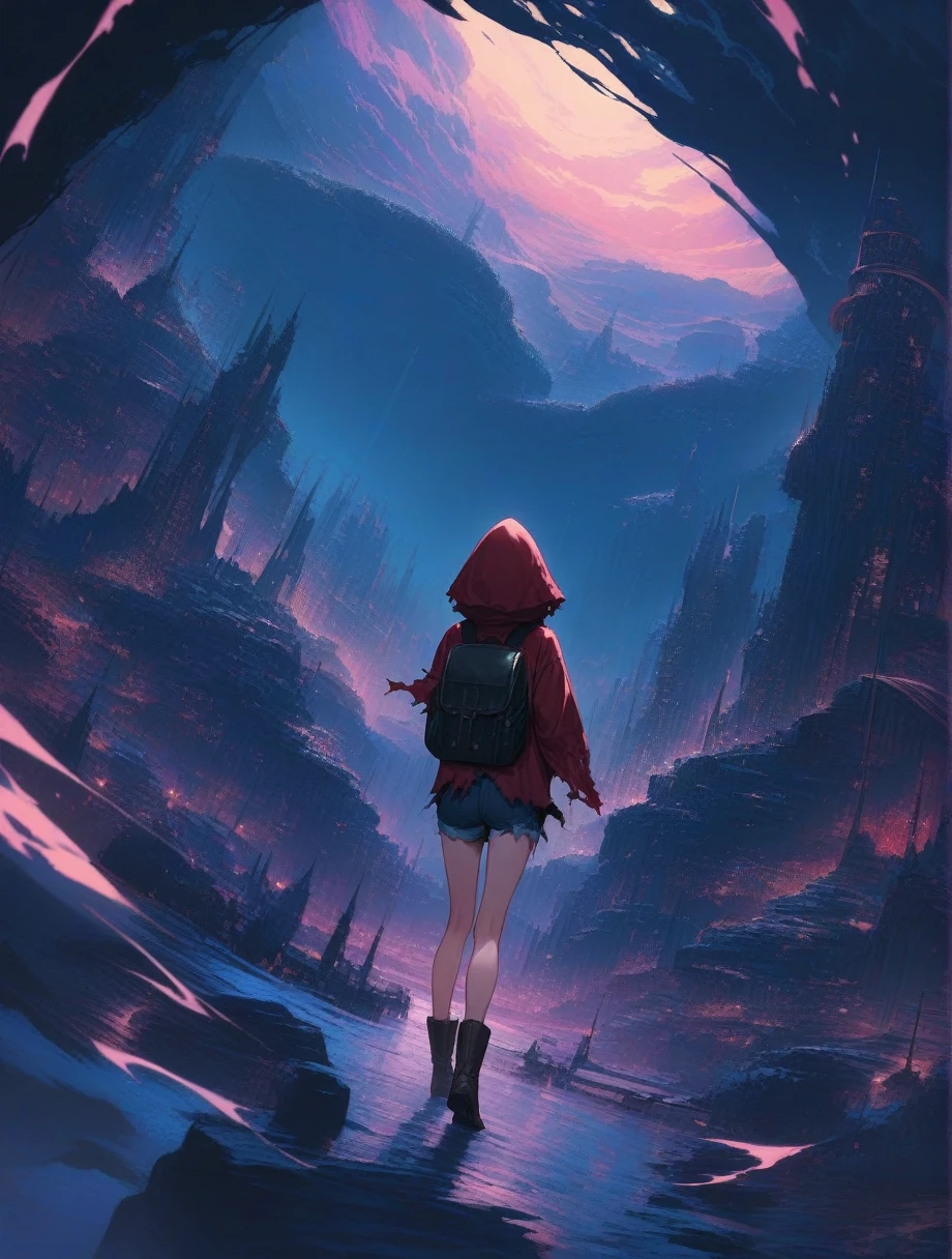 score_9, score_8_up, score_7_up, score_anime, masterpiece, top quality, delicate illustration, sharp lines, sharp focus, BREAK, a traveling girl wandering in the endless night world, the girl wears a hood and has a lot of stuff in her backpack, night , fantastic landscape, beautiful scenery, harmony with nature, spectacular view, futuristic city, (((torn clothes))), (((torn hood))),shorts,boots