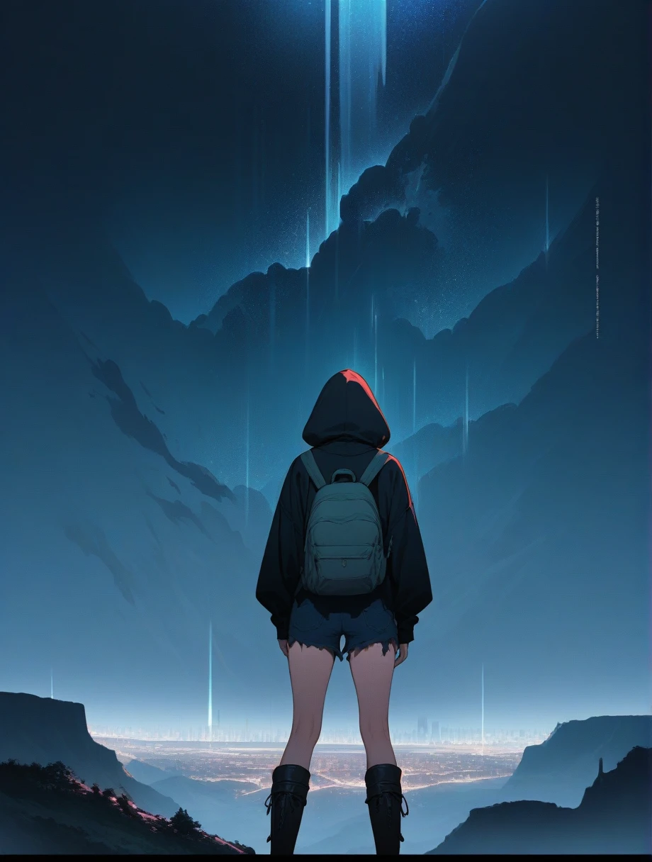 score_9, score_8_up, score_7_up, score_anime, masterpiece, top quality, delicate illustration, sharp lines, sharp focus, BREAK, a traveling girl wandering in the endless night world, the girl wears a hood and has a lot of stuff in her backpack, night , fantastic landscape, beautiful scenery, harmony with nature, spectacular view, futuristic city, (((torn clothes))), (((torn hood))),shorts,boots