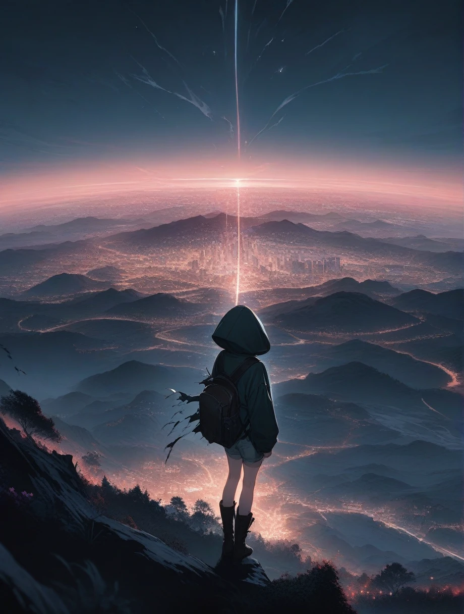 score_9, score_8_up, score_7_up, score_anime, masterpiece, top quality, delicate illustration, sharp lines, sharp focus, BREAK, a traveling girl wandering in the endless night world, the girl wears a hood and has a lot of stuff in her backpack, night , fantastic landscape, beautiful scenery, harmony with nature, spectacular view, futuristic city, (((torn clothes))), (((torn hood))),shorts,boots
