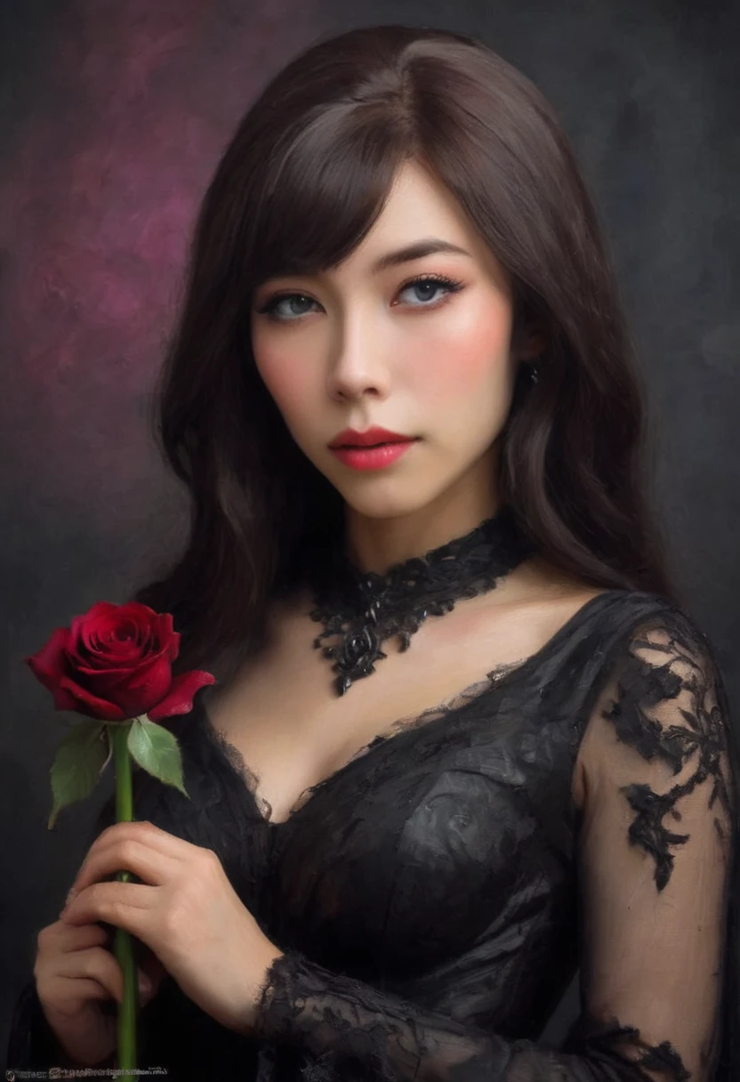 a cute Yuna in cosplay as Morticia Adams, beautiful detailed eyes, beautiful detailed lips, extremely detailed eyes and face, long eyelashes, slinky black dress, deep v down middle, deep thigh slits, sultry pose, holding a black rose, 8k, best quality, high resolution, masterpiece, ultra-detailed, realistic, photorealistic, HDR, studio lighting, extreme detail description, vivid colors, dark gothic, chiaroscuro lighting, moody atmosphere, dramatic lighting