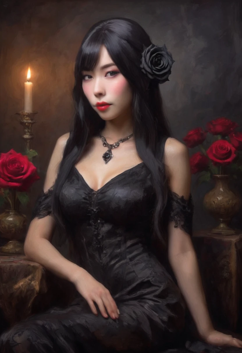 a cute Yuna in cosplay as Morticia Adams, beautiful detailed eyes, beautiful detailed lips, extremely detailed eyes and face, long eyelashes, slinky black dress, deep v down middle, deep thigh slits, sultry pose, holding a black rose, 8k, best quality, high resolution, masterpiece, ultra-detailed, realistic, photorealistic, HDR, studio lighting, extreme detail description, vivid colors, dark gothic, chiaroscuro lighting, moody atmosphere, dramatic lighting