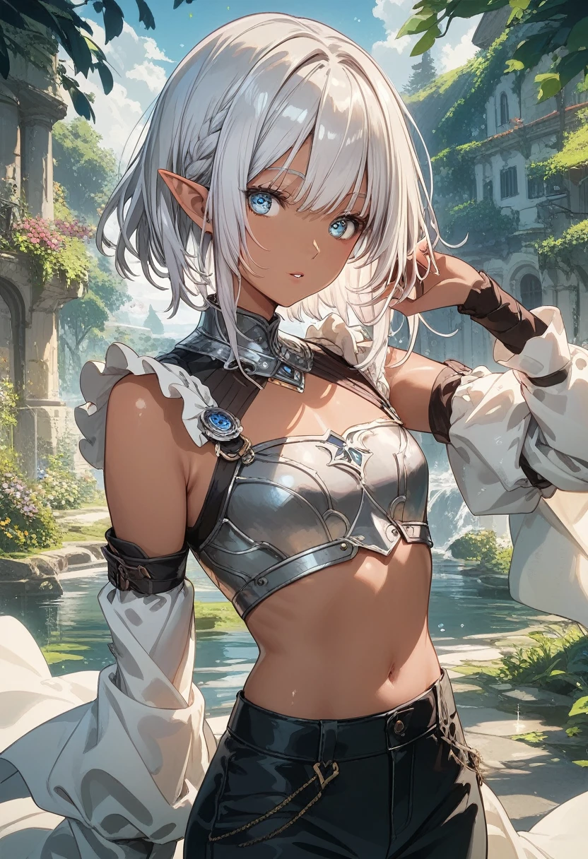 score_9, score_8_up, score_7_up, score_6_up, source_アニメ, Best image quality, Great details, Ultra-high resolution, Best illustrations, Favorite Details, Very condensed one girl, Delicate and beautiful features, Dark Skin, Medium Silver Hair, Androgynous, Black trousers, Elf Boy, Medieval Armor, Crop top