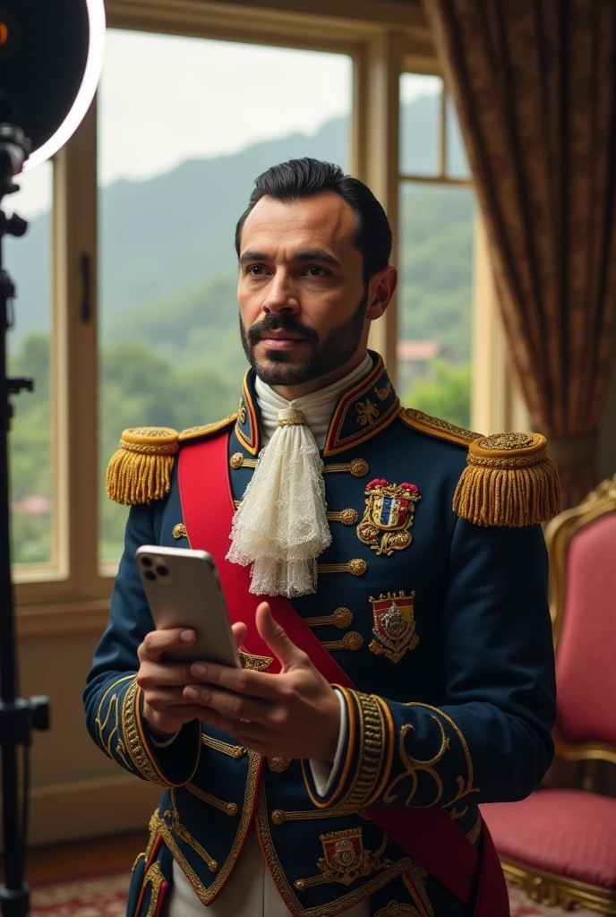 "Create an image of Simón Bolívar, the historical Latin American leader, as if he were doing a live stream on Instagram. Bolívar should be wearing his traditional 19th-century military uniform, but holding a modern smartphone. The scene should show a mix of historical and modern elements: Bolívar in a classic room with antique furniture, but with modern technology like a ring light, and the Instagram live interface visible on the phone's screen. Bolívar should look confident and engaged, as if he's speaking to his followers. The background should include a large window with a view of a Latin American landscape."