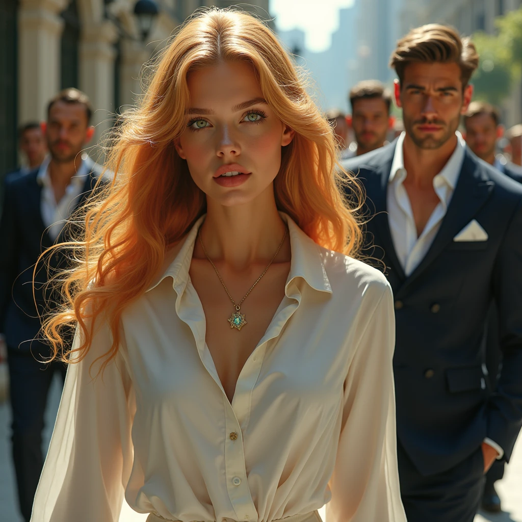 A very beautiful woman with wavy strawberry blonde hair and amber eyes with a fragile but powerful appearance, she is like a goddess, she is so beautiful. , She is simple and has a serene appearance, looking straight ahead, wearing a tank top and leggings, and she has her arms crossed. , realistic face detailed pores and details, hair color very strawberry color, amber eyes and a mysterious angelic face with a fragile appearance but a powerful woman who carries the power of a moon goddess she has a soft diamond shaped face, She is wearing a white dress shirt and is walking on a sidewalk ,and an extremely handsome man with tanned skin, green eyes, black hair, a defined body, elegant clothes, surrounded by security guards, is looking at her. ... An alpha male he is taller than her