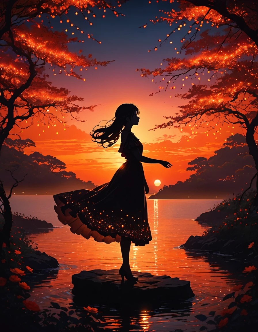 The image depicts a silhouette of a girl standing against a stunning sunset background. The sky transitions from a deep Orange near the horizon to a deep red as it ascends. The figure appears to be enveloped in a series of tiny glowing fairy lights, some of which are illuminated, creating a stunning and captivating contrast to the dark silhouette. The figure appears to be holding out one arm, perhaps adjusting to or interacting with the lights. The overall mood of the image is peaceful and magical.