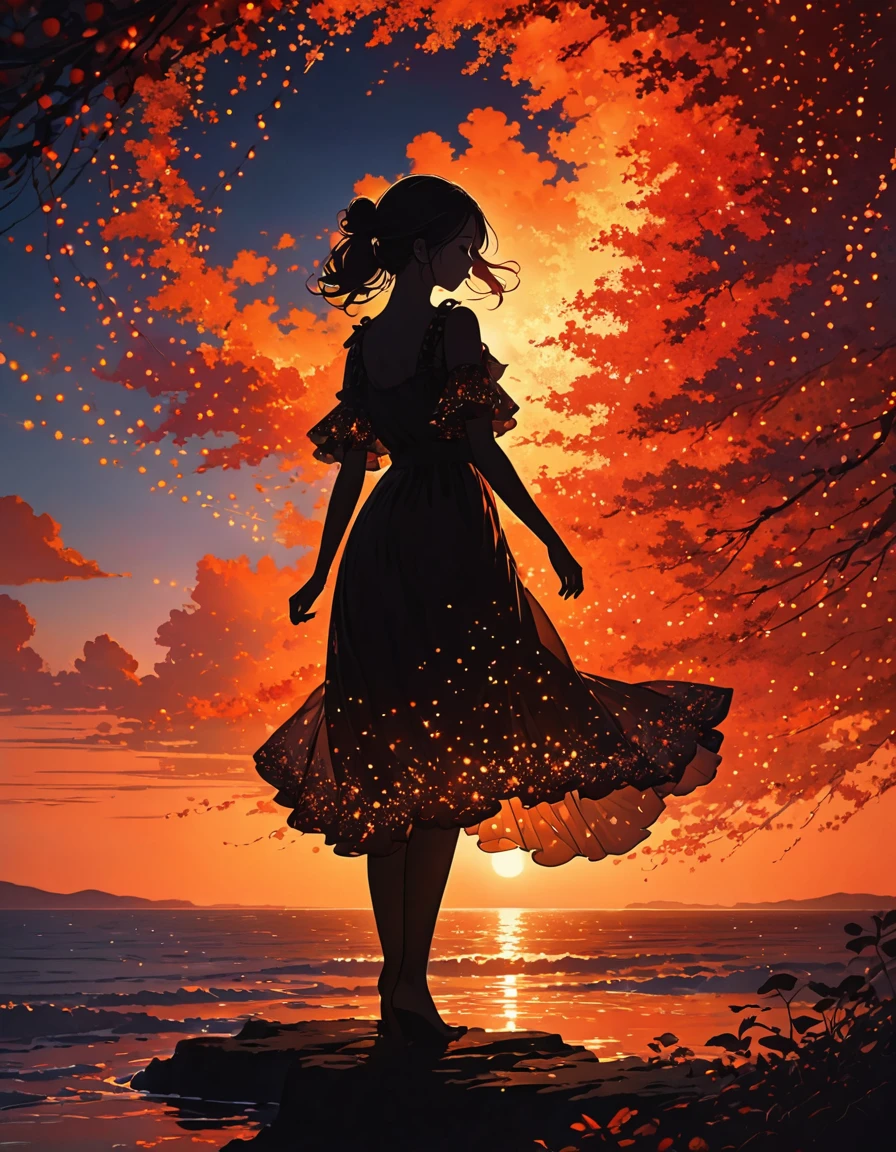 The image depicts a silhouette of a girl standing against a stunning sunset background. The sky transitions from a deep Orange  near the horizon to a deep red as it ascends. The figure appears to be enveloped in a series of tiny glowing fairy lights, some of which are illuminated, creating a stunning and captivating contrast to the dark silhouette. The figure appears to be holding out one arm, perhaps adjusting to or interacting with the lights. The overall mood of the image is peaceful and magical.