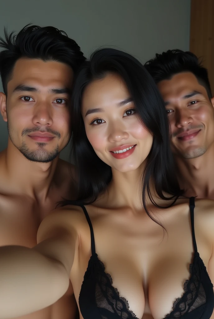 A realistic photo of three Thai siblings. (2 men, 1 woman) A sexy black-haired young woman in a black bra is taking a selfie and is clearly visible with her husband and lover., The three of them were excited about the situation and enjoyed the teasing., Another man sitting on the bed, hugging, kissing and passionately kissing. She looked very excited and her breasts were showing..,