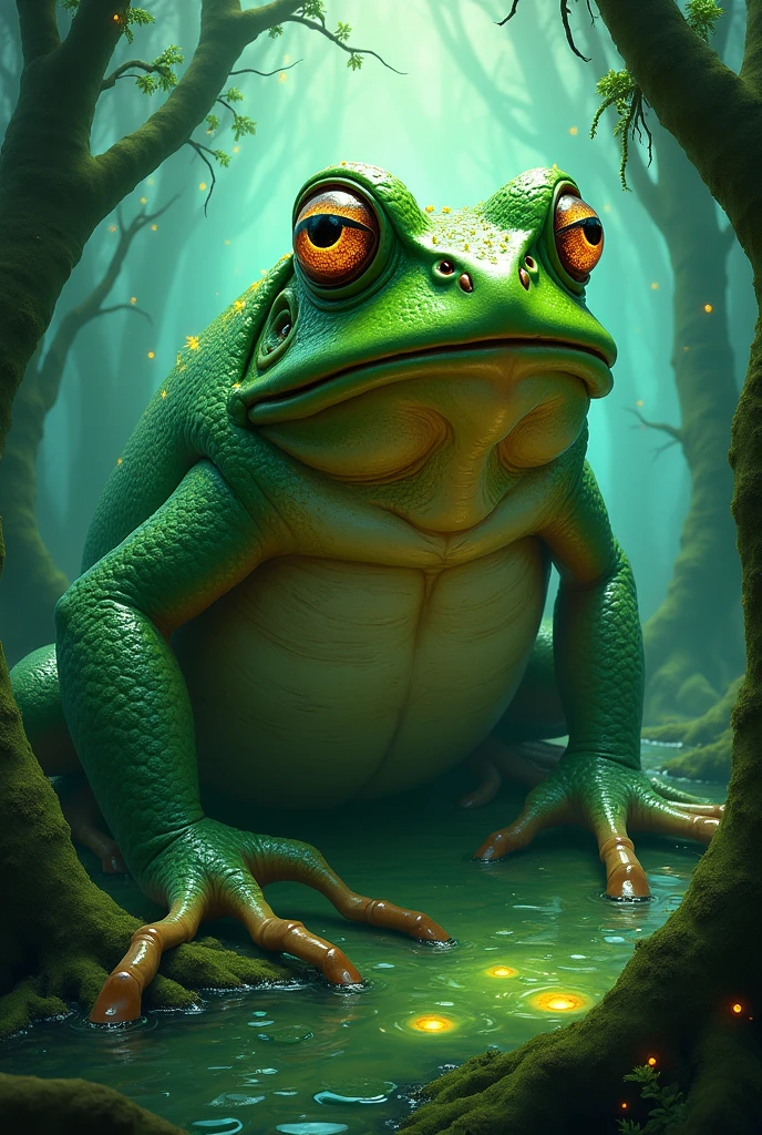 A giant green toad with golden colors and sparkles, in a fantasy swamp of emerald eyes