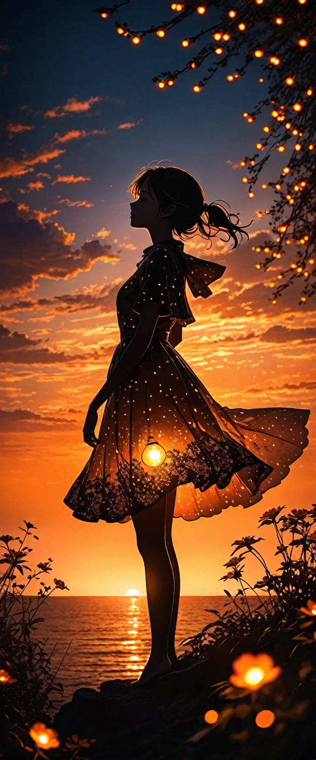 The image depicts a silhouette of a girl standing against a stunning sunset background. The sky transitions from a deep Orange  near the horizon to a deep Orange  as it ascends. The figure appears to be enveloped in a series of tiny glowing fairy lights, some of which are illuminated, creating a stunning and captivating contrast to the dark silhouette. The figure appears to be holding out one arm, perhaps adjusting to or interacting with the lights. The overall mood of the image is peaceful and magical.