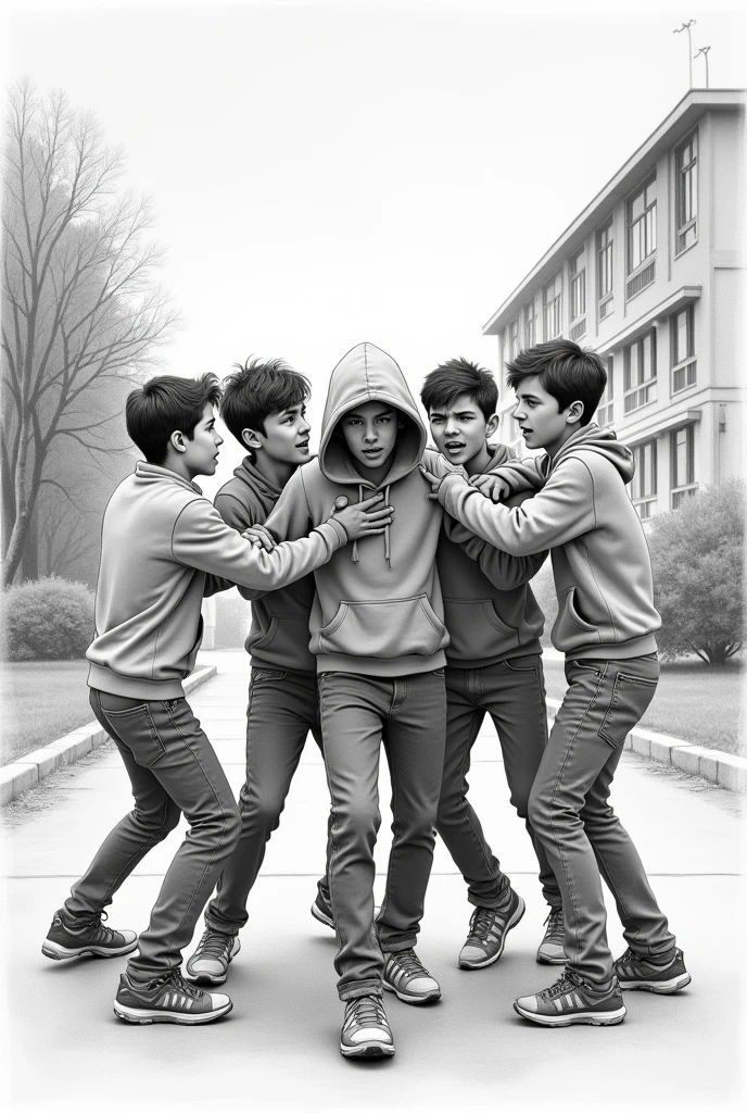 A pencil sketch of some boys pushing another boy with a hood behind a school 