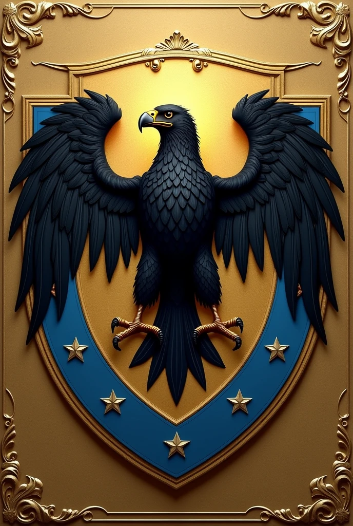 A shield centered by a black eagle with outspread wings on a golden background, representing power and vision. ao redor, there is a sky blue strip with silver stars, symbolizing divine protection and wisdom.