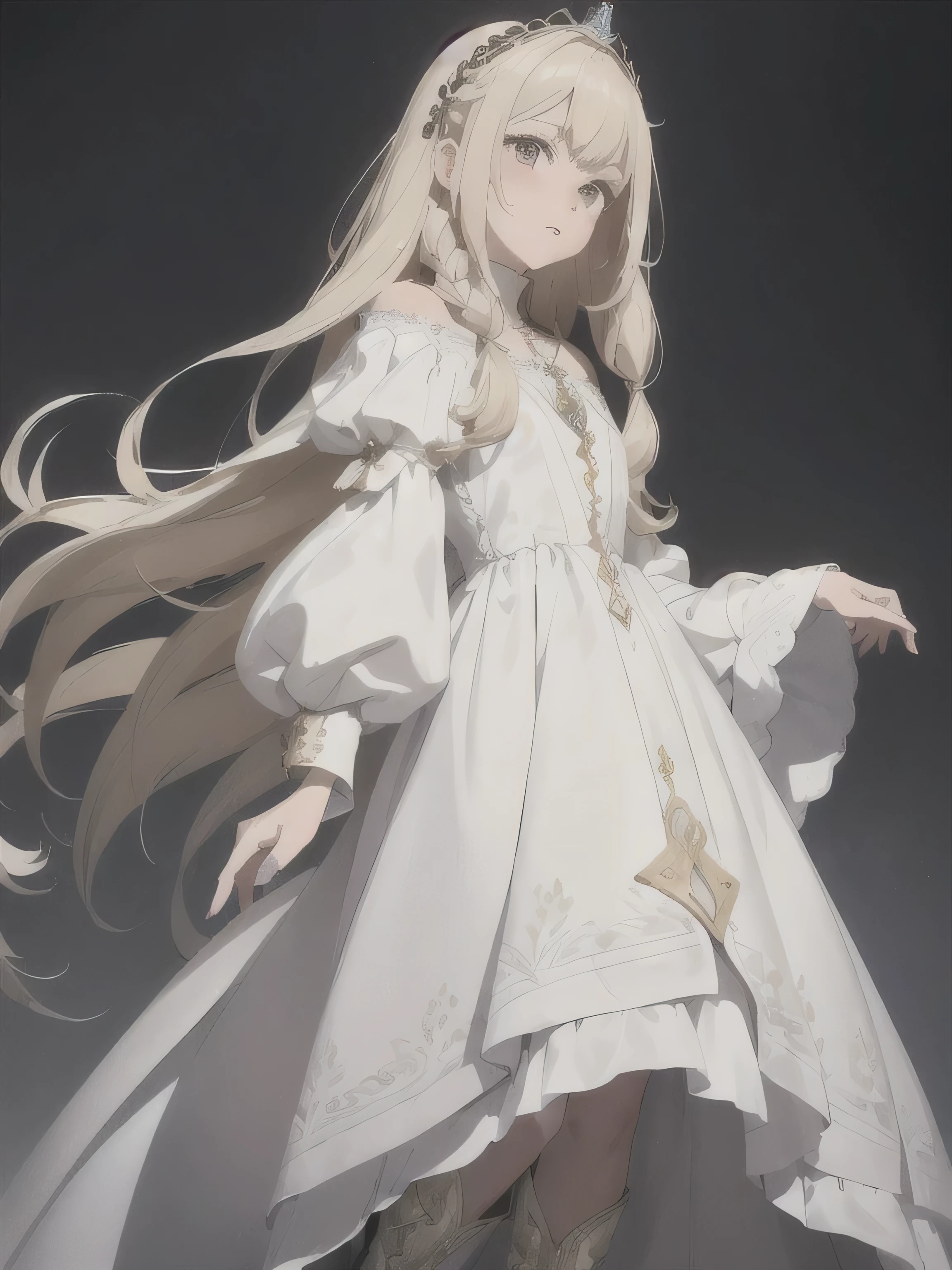 A  noble girl boasts cascading blonde locks, complemented by deep brown eyes. She adorns herself in a pristine white medieval dress, contrasted by tall black boots. Around her neck, a delicate swan necklace gleams, and on the left side of her head, a dainty hairpin holds back her hair. the background is a castle and she is a child