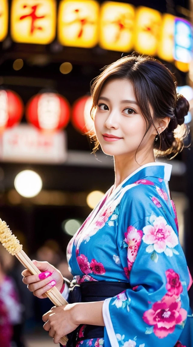 Dark brown hair、Light brown eyes、Japanese actress、 Lady、I am about 40 years old...、(Intricate details:1.2)、(Which is more expensive????:1.4)、 (Ultra-high resolution:1.2)、Ultra-high resolution、(fine adjustment)、(Detailed facial features)、Hmph、8k resolution、D cup size breasts、Long Hair、Hue、night、,Full body photo、Updo、Enjoy the festival、Japanese Festivalsの活気ある光景. The woman is wearing a floral yukata..,Wearing a summer yukata. There are festival foods such as takoyaki and cotton candy...nightのお祭り、Summer festival、Japanese Festivals、night祭り、A street lined with takoyaki stalls, Fried noodles, And street food.、night、Lantern Light、
