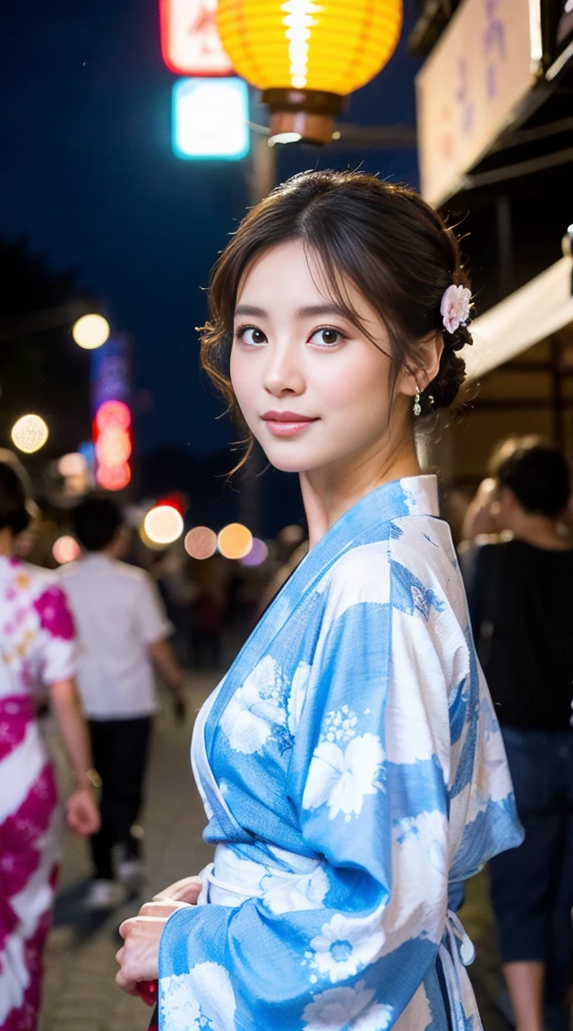 Dark brown hair、Light brown eyes、Japanese actress、 Lady、I am about 40 years old...、(Intricate details:1.2)、(Which is more expensive????:1.4)、 (Ultra-high resolution:1.2)、Ultra-high resolution、(fine adjustment)、(Detailed facial features)、Hmph、8k resolution、D cup size breasts、Long Hair、Hue、night、,Full body photo、Updo、Enjoy the festival、Japanese Festivalsの活気ある光景. The woman is wearing a floral yukata..,Wearing a summer yukata. There are festival foods such as takoyaki and cotton candy...nightのお祭り、Summer festival、Japanese Festivals、night祭り、A street lined with takoyaki stalls, Fried noodles, And street food.、night、Lantern Light、