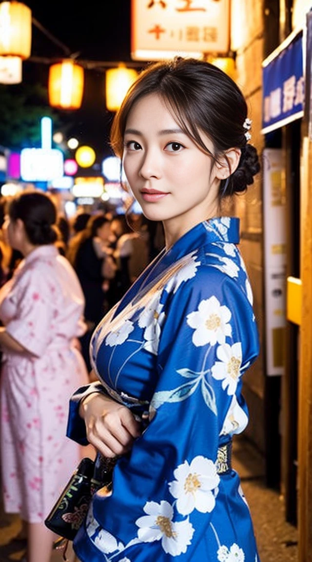 Dark brown hair、Light brown eyes、Japanese actress、 Lady、I am about 40 years old...、(Intricate details:1.2)、(Which is more expensive????:1.4)、 (Ultra-high resolution:1.2)、Ultra-high resolution、(fine adjustment)、(Detailed facial features)、Hmph、8k resolution、D cup size breasts、Long Hair、Hue、night、,Full body photo、Updo、Enjoy the festival、Japanese Festivalsの活気ある光景. The woman is wearing a floral yukata..,Wearing a summer yukata. There are festival foods such as takoyaki and cotton candy...nightのお祭り、Summer festival、Japanese Festivals、night祭り、A street lined with takoyaki stalls, Fried noodles, And street food.、night、Lantern Light、