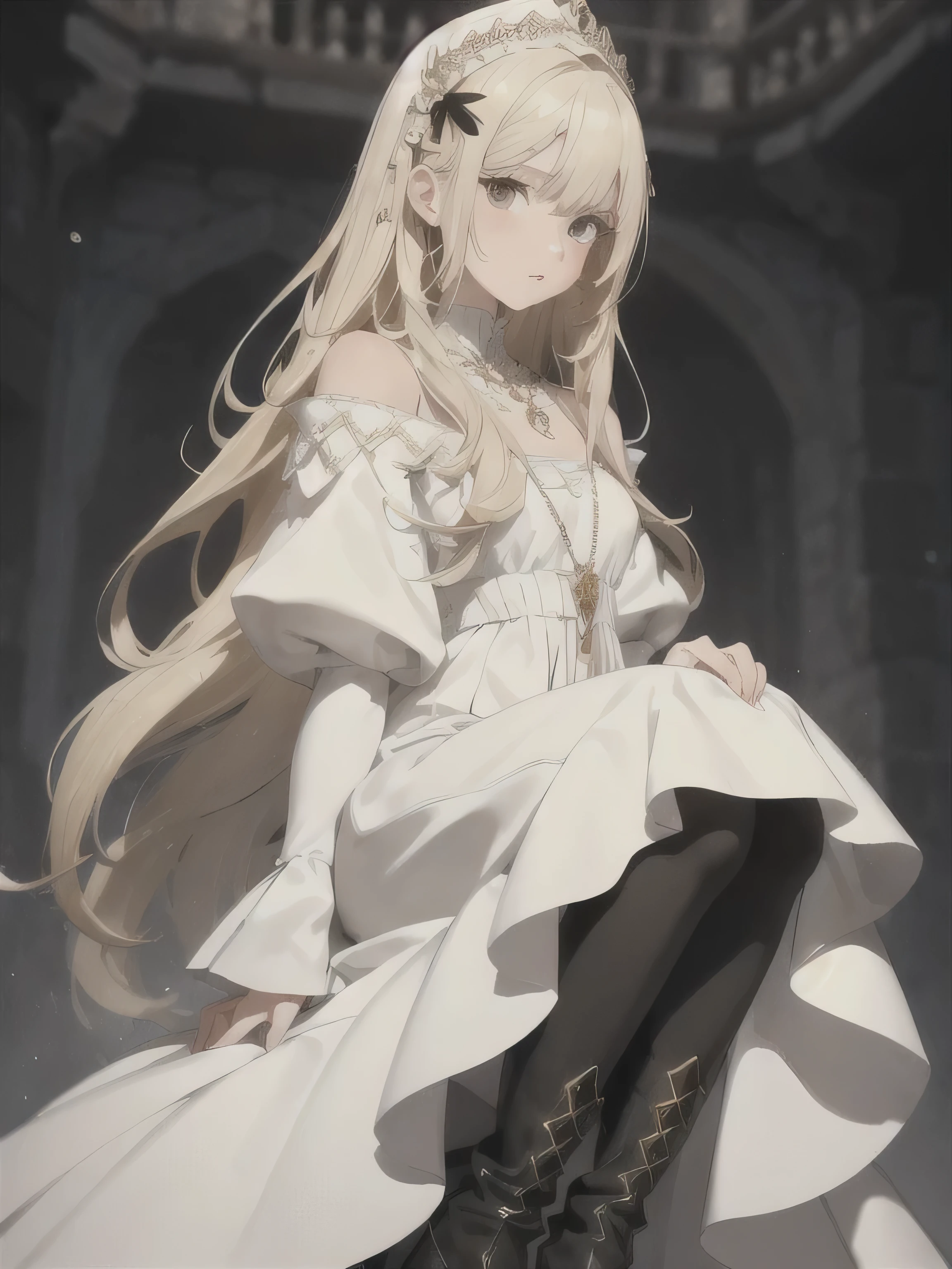 A noble girl boasts cascading blonde locks, complemented by deep brown eyes. She adorns herself in a pristine white medieval dress, contrasted by tall black boots. Around her neck, a delicate swan necklace gleams, and on the left side of her head, a dainty hairpin holds back her hair. the background is a castle and she is a child