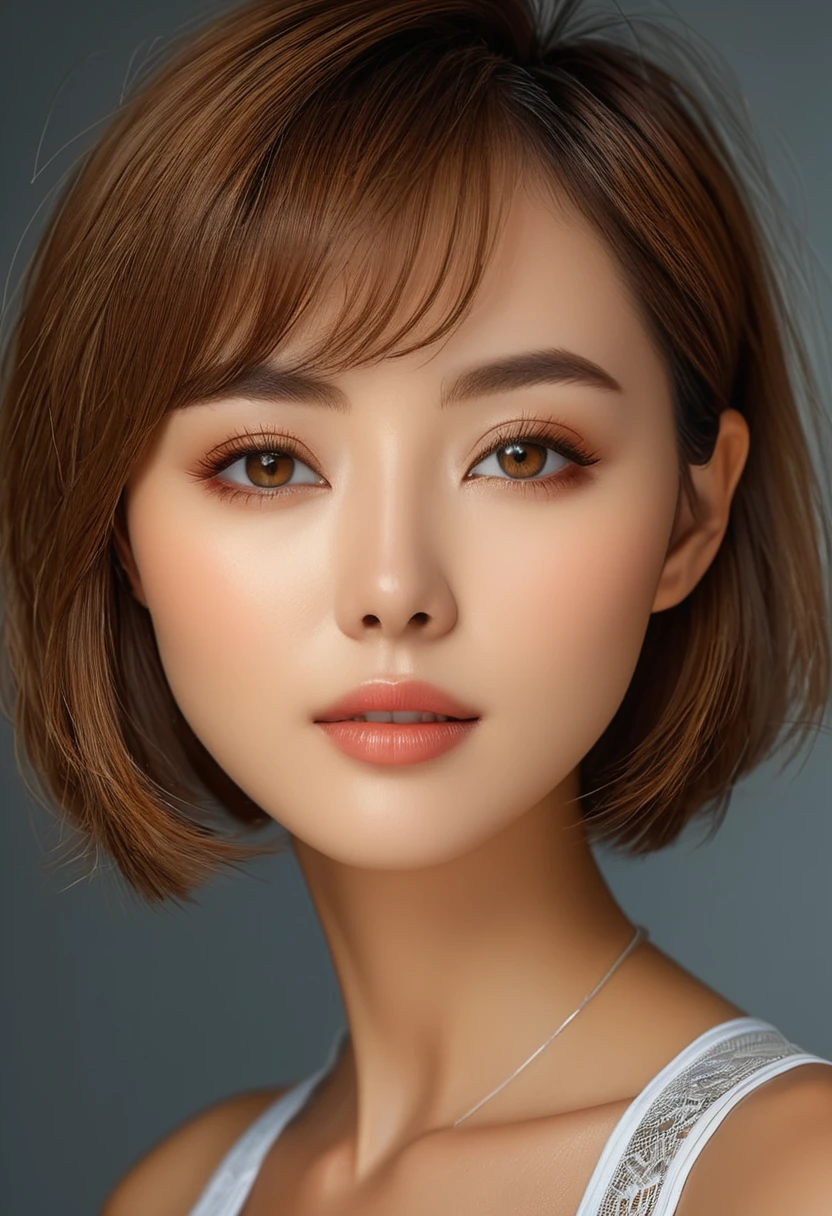 (masterpiece),(Highest quality:1.2),(Very detailed:1.2),(High resolution),(Photorealistic Stick),(RAW Photos),8k,Backlight,(Written boundary depth),(Sophisticated lighting:1.2),Close-up of a dressed woman,Soft portrait photography,Beautiful Ukrainian Woman,Gorgeous face portrait,(Eye light,Sharp pupils,Detailed eye drawing,)Very beautiful face,(Beautiful and firm skin,Detailed skin texture:1.3),Beautiful portrait,A lovely and delicate face,Beautiful young Japanese woman,Short Bob,Look here,front,(pov shot),(((Sports Bra))),(Sleepy face:1.2)