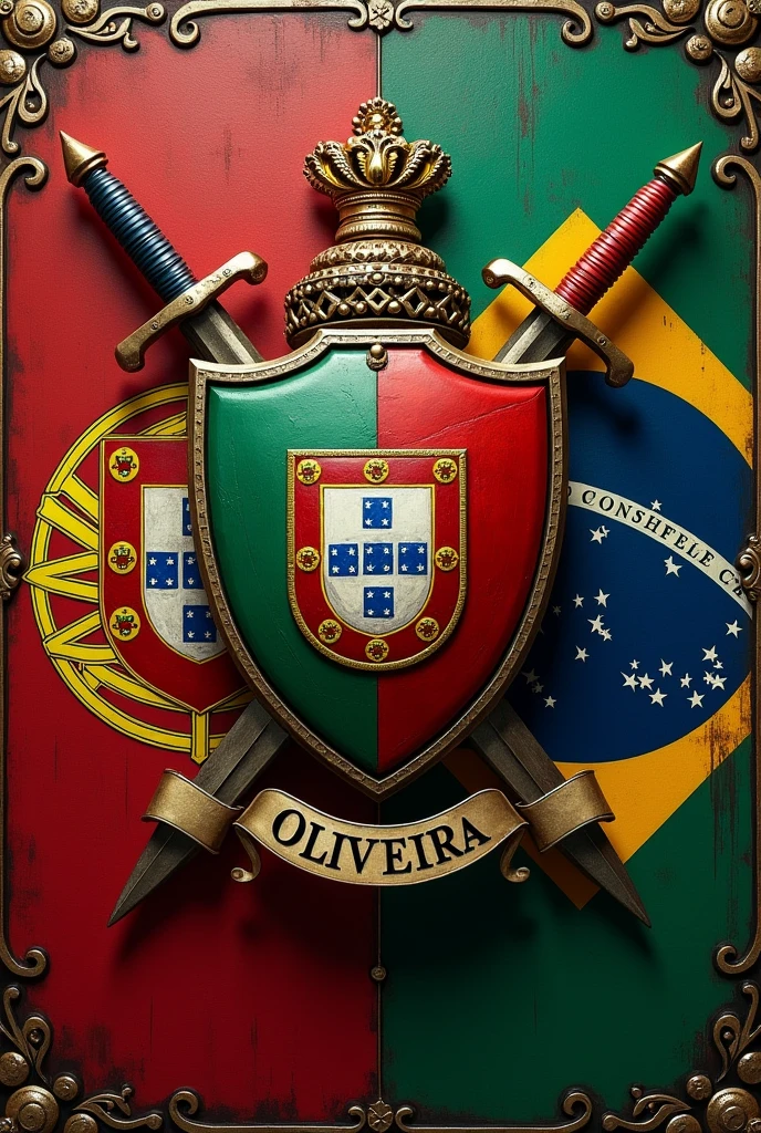 Create a shield coat of arms of the Oliveira family, heraldic style, Crossed Swords, flags Portugal and Brazil, metallic 3d, vintage, oil painting, banner written with the words Oliveira Family