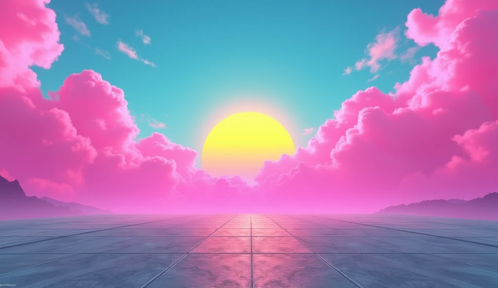 Vice City GTA, pink, blue and yellow sky with a yellow sun, retro sky, grey retro ground, no clouds