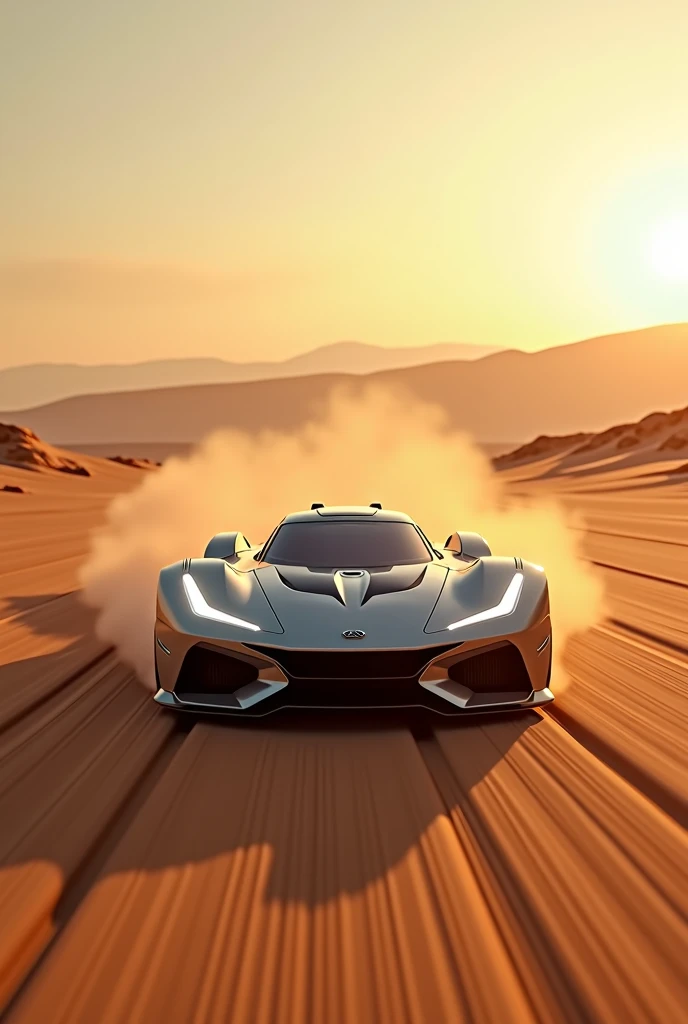 image of a sleek sports car launching at high speed on a vast desert landscape. The car should have a futuristic design with a low profile, sharp angles, and bright headlights. Dust and sand should be kicked up from the tires, trailing behind as the car accelerates. The desert should feature rolling dunes and a clear sky with a golden sunset, casting long shadows and warm light. Capture the motion blur from the rapid movement,  photorealistic, cinematic, 4k