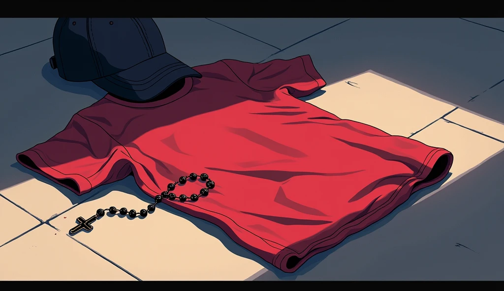 Red T-shirt crumpled on the floor and next to it a baseball cap and a rosary 2d style anime visually beautiful very anime Anime style animeRed T-shirt crumpled on the floor and next to it a baseball cap and a rosary 2d style anime visually beautiful very anime