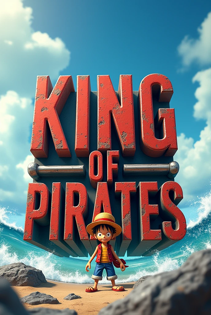 Create a 3D written word for me (KIKG OF PIRATES) and luffy from one piece behind
