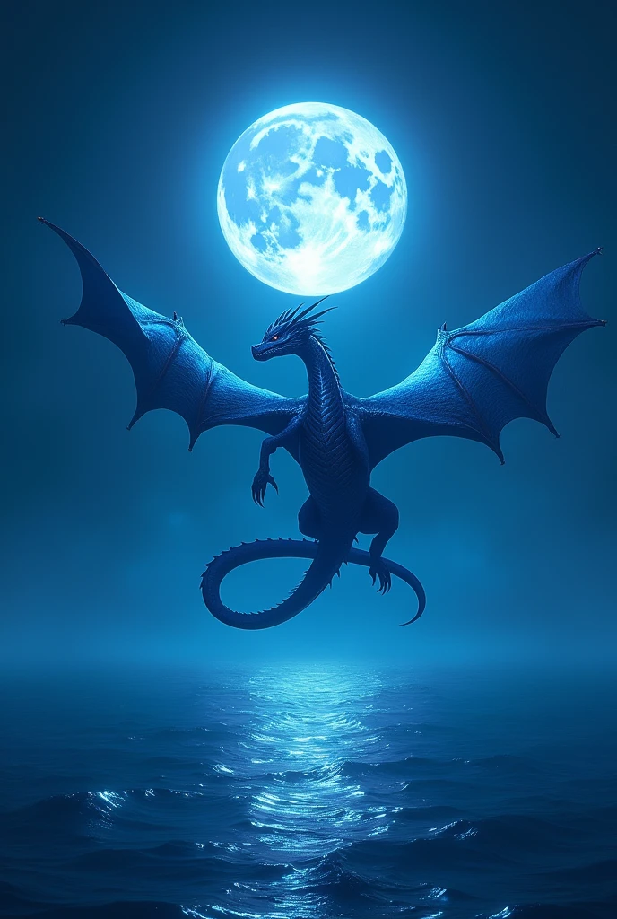 Blue Dragon flying over the sea on a full moon night