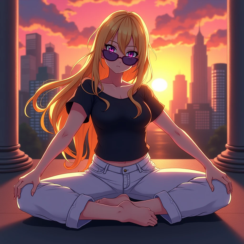 score_9, score_8_up, score_7_up, score_6_up, source_anime, 1girl, solo, valkHR, multicolored hair, blonde hair, medium hair, huge breasts, purple eyes, sunglasses, covered eyes, black t-shirt, white pants, stretching, looking at you, sunset, city