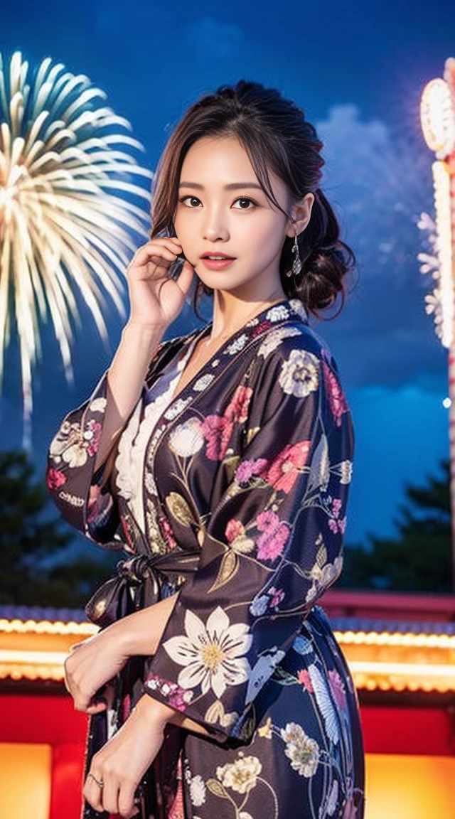 Dark brown hair、Light brown eyes、Japanese actress、 Lady、I am about 40 years old...、(Intricate details:1.2)、(Which is more expensive????:1.4)、 (超High resolution:1.2)、超High resolution、(fine adjustment)、(Detailed faceの特徴)、Hmph、8k resolution、D cup size breasts、Long Hair、Hue、night、,Full body photo、masterpiece, (Beautiful person), Detailed eyes, Highest quality, 超High resolution, (reality、Fireworks display、Opening a store、candy stall、night、walk: 1.4), Original photo, One Girl, Cinema Lighting, Japanese,Are standing、 Asian Beauty, Beautiful skins, (超reality的な), (High resolution), (8,000 yen), (Very detailed),(Very detailedな), Detailed face, Fireworks display、Opening a store、yukata、Put your hair up、night、Wear a yukata、Japanese clothing、Summer in Japan、