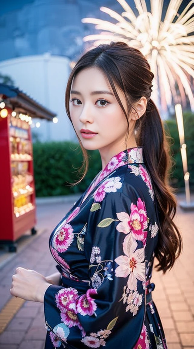 Dark brown hair、Light brown eyes、Japanese actress、 Lady、I am about 40 years old...、(Intricate details:1.2)、(Which is more expensive????:1.4)、 (超High resolution:1.2)、超High resolution、(fine adjustment)、(Detailed faceの特徴)、Hmph、8k resolution、D cup size breasts、Long Hair、Hue、night、,Full body photo、masterpiece, (Beautiful person), Detailed eyes, Highest quality, 超High resolution, (reality、Fireworks display、Opening a store、candy stall、night、walk: 1.4), Original photo, One Girl, Cinema Lighting, Japanese,Are standing、 Asian Beauty,  Beautiful skins, (超reality的な), (High resolution), (8,000 yen), (Very detailed),(Very detailedな), Detailed face, Fireworks display、Opening a store、yukata、Put your hair up、night、Wear a yukata、Japanese clothing、Summer in Japan、
