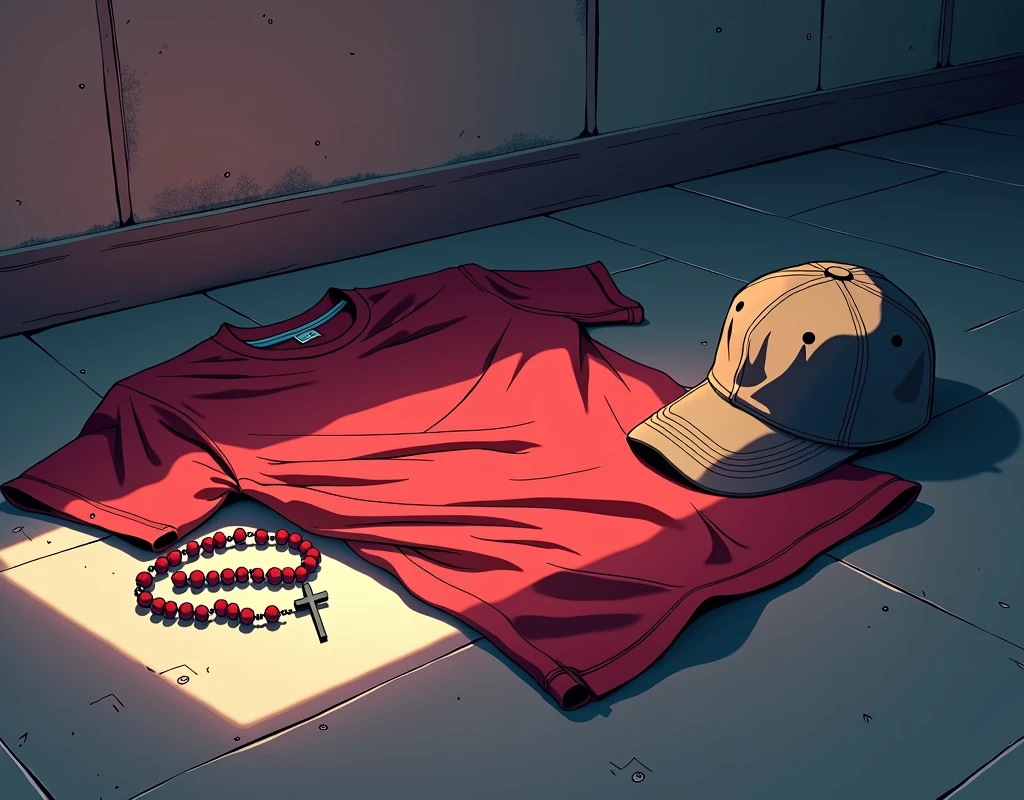 Red T-shirt crumpled on the floor and next to it a baseball cap and a rosary 2d style anime visually beautiful very anime Anime style animeRed T-shirt crumpled on the floor and next to it a baseball cap and a rosary 2d style anime visually beautiful very anime