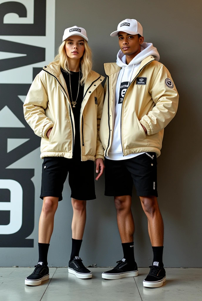 "Generates an image of a 20-year-old blonde girl, full body view, with a sexy and stylish appearance, next to a blonde boy with rapper style. They both wear white caps with the word **'CENTRAL'** featured, white parkas with the same word **'CENTRAL'** prominently printed, fitted black shorts, and black Vans sneakers. The background should simulate the cover of a magazine, highlighting a modern and urban style, with bold typography and a contemporary design that emphasizes
