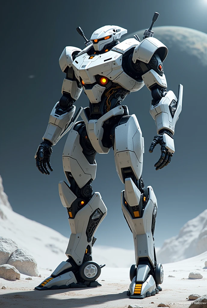 I need a futuristic robot that has no human relatives and that in its right arm instead of a hand has a laser weapon and in its left hand has a light shield attached to the left arm and has turbines in its legs and back to fly out of space, I also need you to generate the images in model sheet style, to use it to create the model in blender