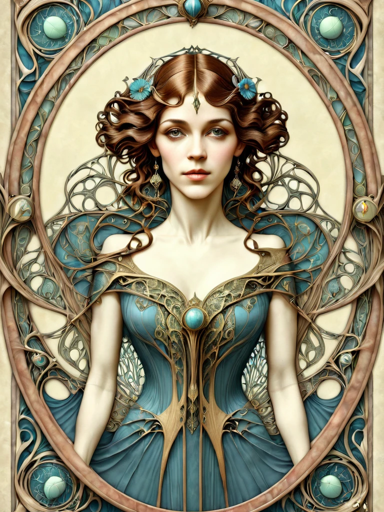 masterpiece digital art portrait of a beautiful  annafriel woman, art nouveau, t4r0tnouveau style 