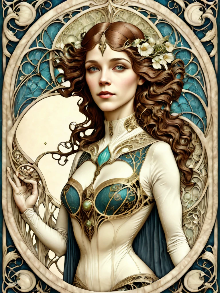 masterpiece digital art portrait of a beautiful annafriel woman, art nouveau, t4r0tnouveau style