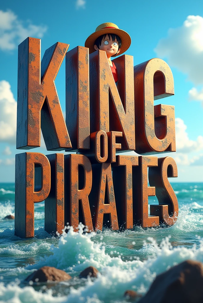 Create a 3D written word for me (KIKG OF PIRATES) and luffy from one piece behind
