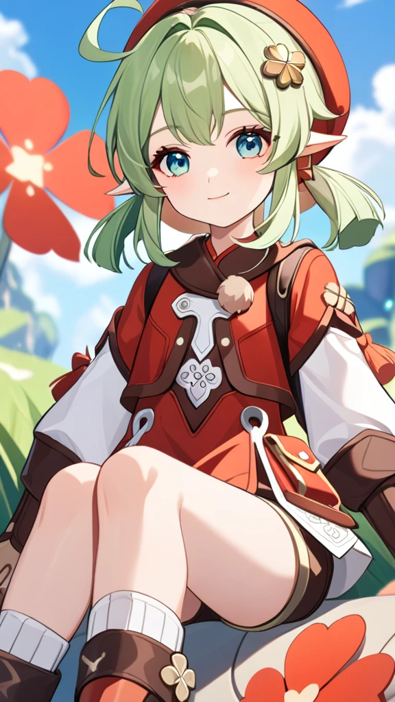 1girl, shorts green hair, sky blue eyes, star hair ornament, ,short hair, wearing klee clothes from genshin impact, smile sweetly