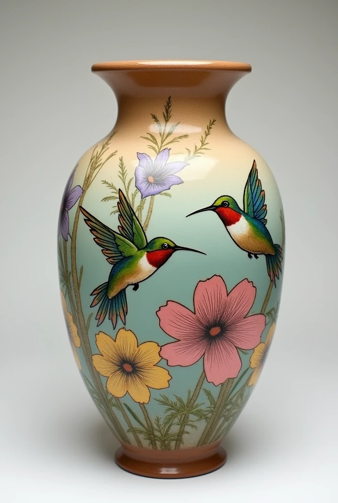 A brown or light blue vase with hummingbird and flower drawings