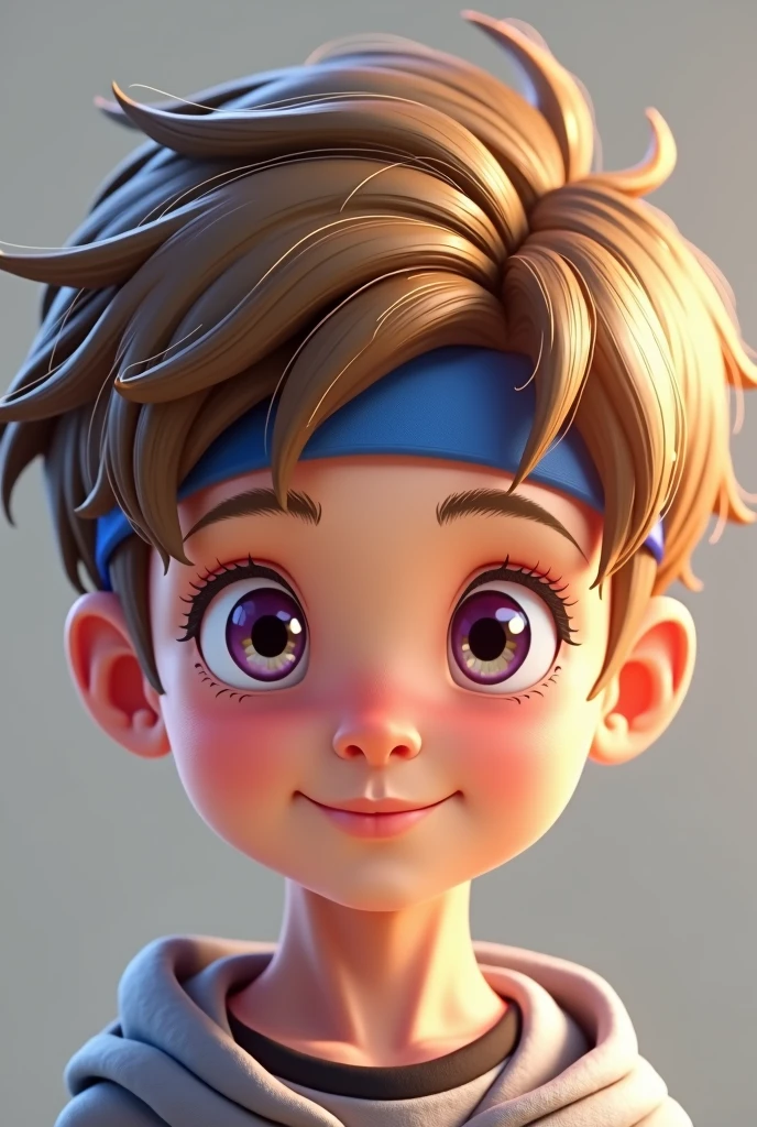 Light brown, medium-parted short hair，Purple eyes，A boy with a blue band on his forehead，Smile