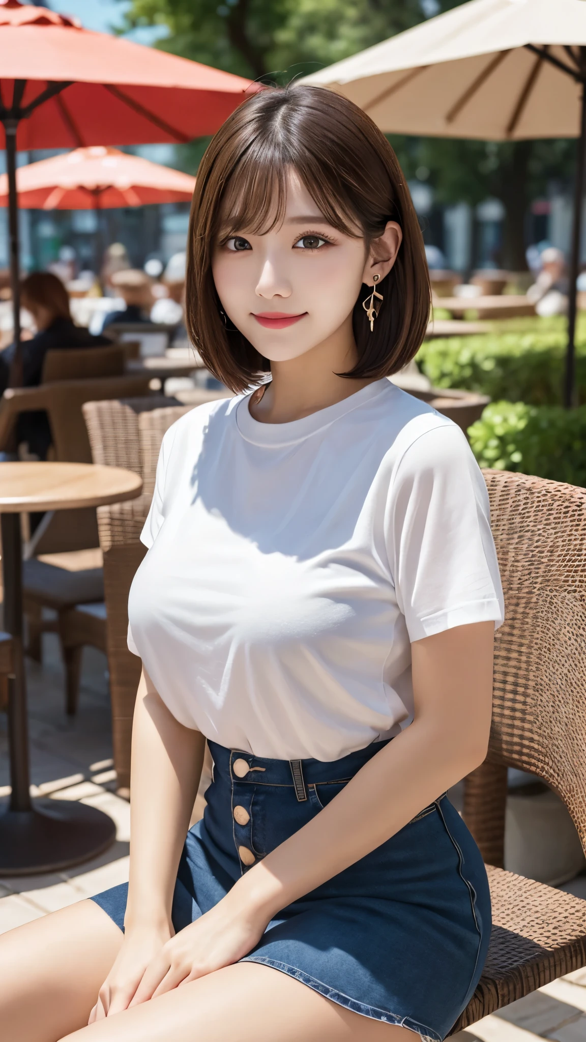 (Ultra high quality, photorealistic, highly detailed, high resolution), finely textured hair and clothing, anatomically accurate, aesthetically balanced,
BREAK
(A beautiful young woman),
BREAK
Exquisitely detailed face, natural makeup, captivating eyes, symmetric features, light brown eyes, double eyelids, finely shaped eyebrows, glossy lips,
BREAK
Short bob haircut, dark brown hair, bangs,
BREAK
Alluring smile, subtle blush,
BREAK
graceful and perfectly proportioned female form, elegant hands, highly detailed and realistic fair skin, large breasts,
BREAK
(Short-sleeved shirt, Mini skirt, Earrings),
BREAK
sitting outdoors at a cafe, Looking at viewer,
BREAK
Cafes around town, summer atmosphere.