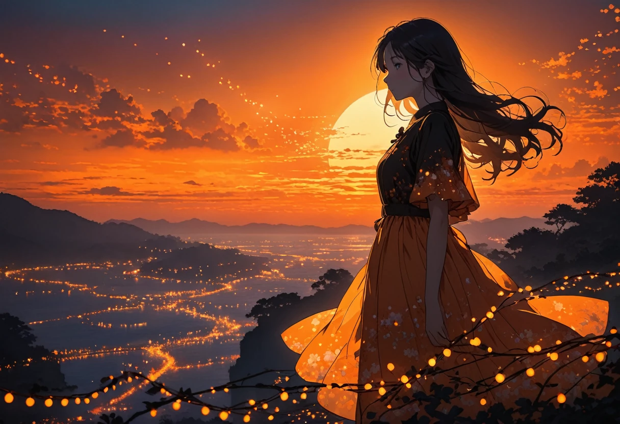 The image depicts a silhouette of a girl standing against a stunning sunset background. The sky transitions from a deep Orange near the horizon to a deep Orange as it ascends. The figure appears to be enveloped in a series of tiny glowing fairy lights, some of which are illuminated, creating a stunning and captivating contrast to the dark silhouette. The figure appears to be holding out one arm, perhaps adjusting to or interacting with the lights. The overall mood of the image is peaceful and magical.