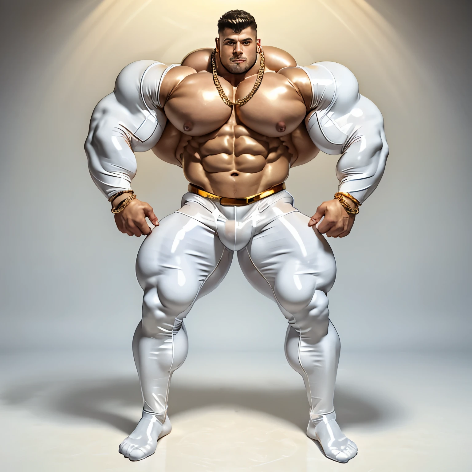 full body view, one handsome bodybuild 18 yo boy , massive, swollen muscles, bodybuilder posing in white transparent PVC biker jacket,  transparent latex breeches, white transparent rubber socks, no shoes, golden rings, necklaces, bracelets, pierced nipples witrings and chains
