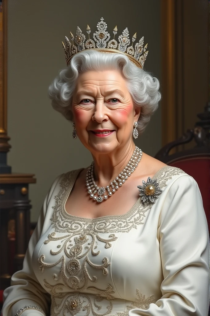 Reina Elizabeth II, dressed in white with a state crown