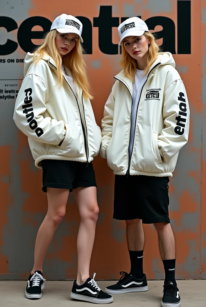 "Generates an image of a 20-year-old blonde girl, full body view, with a sexy and stylish appearance, next to a blonde boy with rapper style. They both wear white caps with the word **'CENTRAL'** featured, white parkas with the same word **'CENTRAL'** prominently printed, fitted black shorts, and black Vans sneakers. The background should simulate the cover of a magazine, highlighting a modern and urban style, with bold typography and a contemporary design that emphasizes